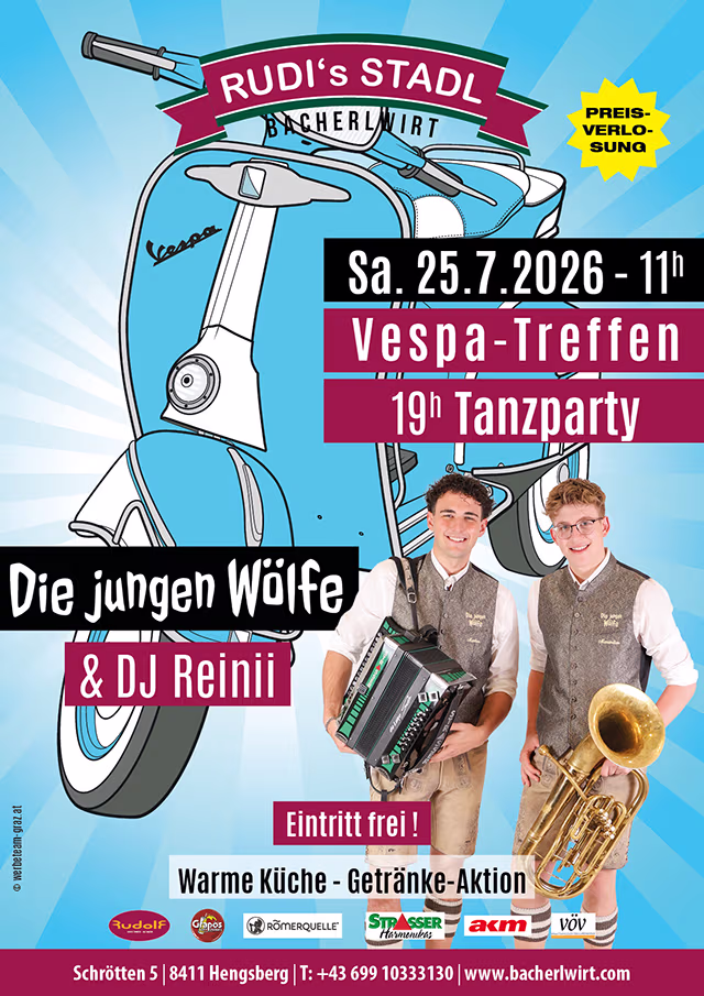 Vespa-Treffen und Tanzparty mit den jungen Wölfen im Bacherlwirt Hengsberg